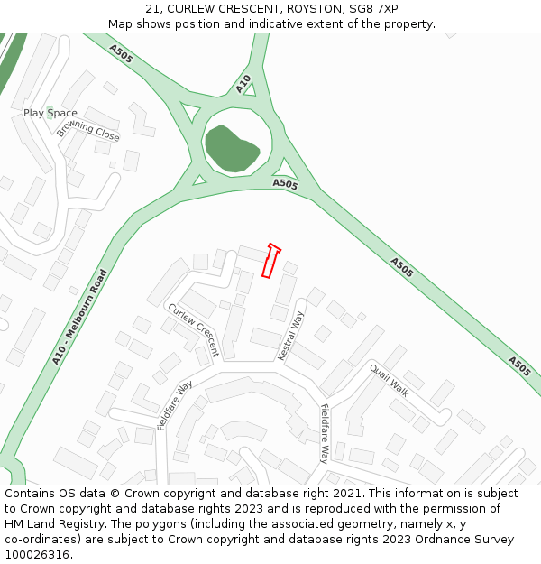 21, CURLEW CRESCENT, ROYSTON, SG8 7XP: Location map and indicative extent of plot