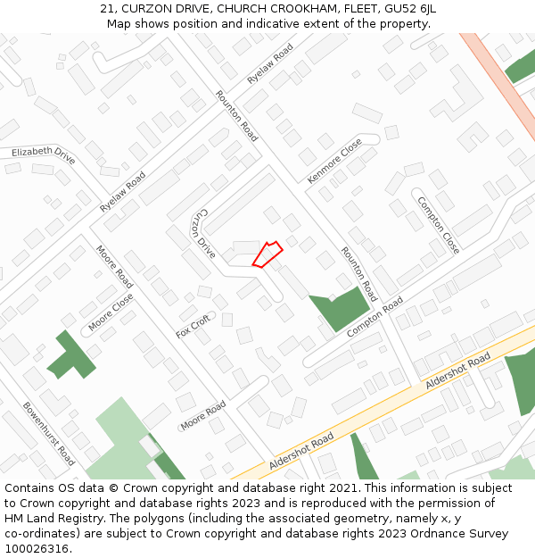 21, CURZON DRIVE, CHURCH CROOKHAM, FLEET, GU52 6JL: Location map and indicative extent of plot