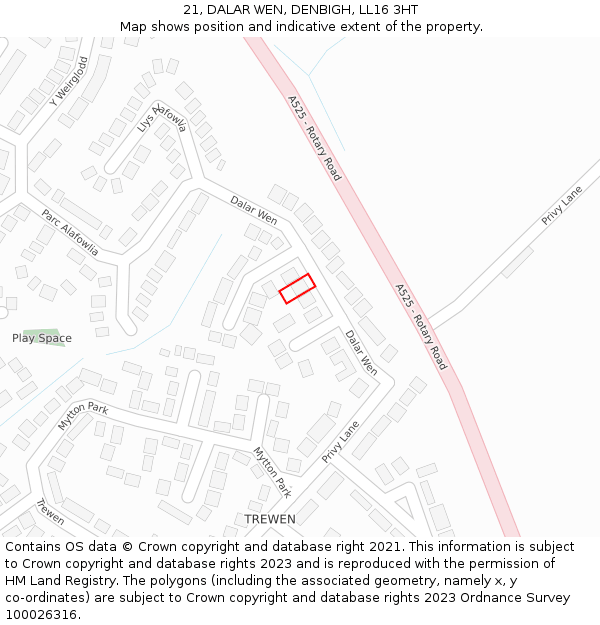 21, DALAR WEN, DENBIGH, LL16 3HT: Location map and indicative extent of plot