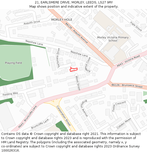 21, EARLSMERE DRIVE, MORLEY, LEEDS, LS27 9RY: Location map and indicative extent of plot