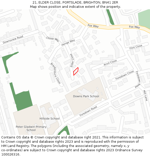 21, ELDER CLOSE, PORTSLADE, BRIGHTON, BN41 2ER: Location map and indicative extent of plot