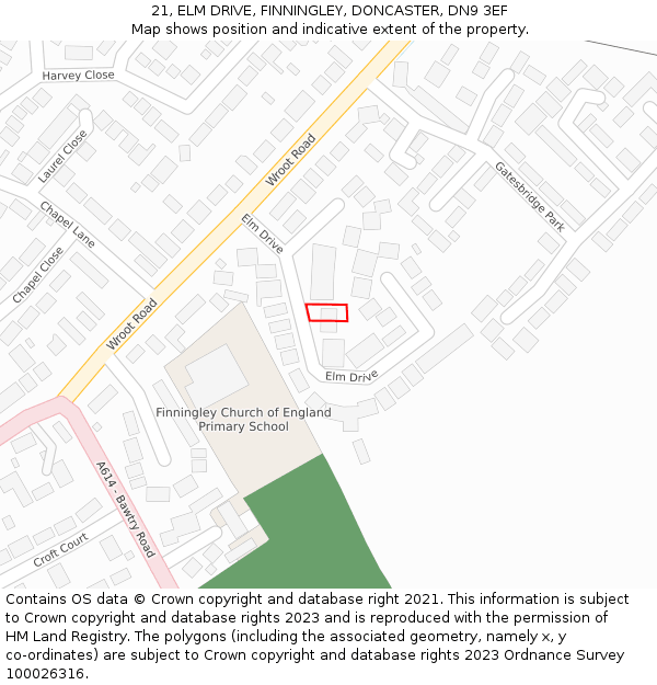 21, ELM DRIVE, FINNINGLEY, DONCASTER, DN9 3EF: Location map and indicative extent of plot