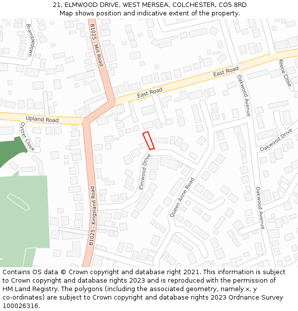 21, ELMWOOD DRIVE, WEST MERSEA, COLCHESTER, CO5 8RD: Location map and indicative extent of plot