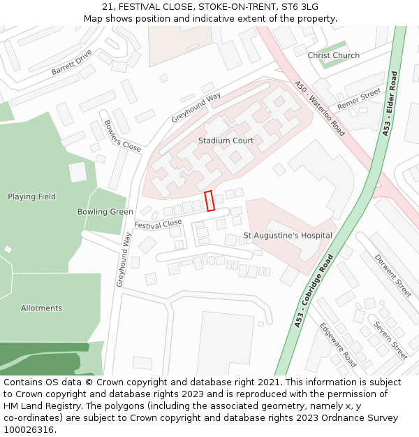 21, FESTIVAL CLOSE, STOKE-ON-TRENT, ST6 3LG: Location map and indicative extent of plot