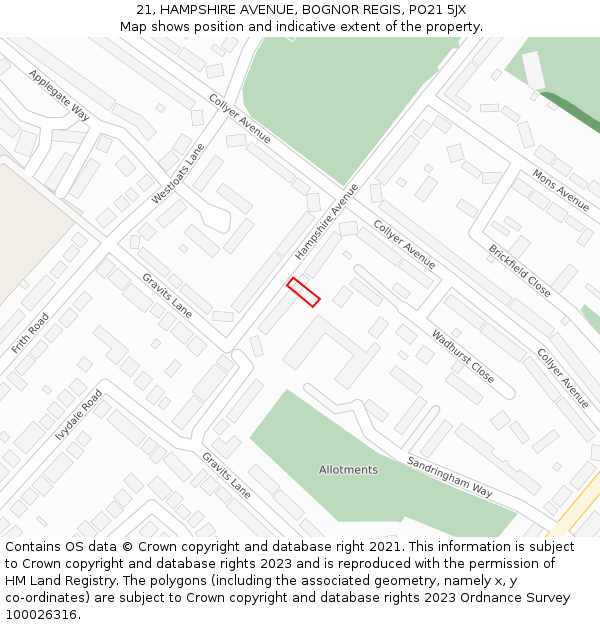 21, HAMPSHIRE AVENUE, BOGNOR REGIS, PO21 5JX: Location map and indicative extent of plot