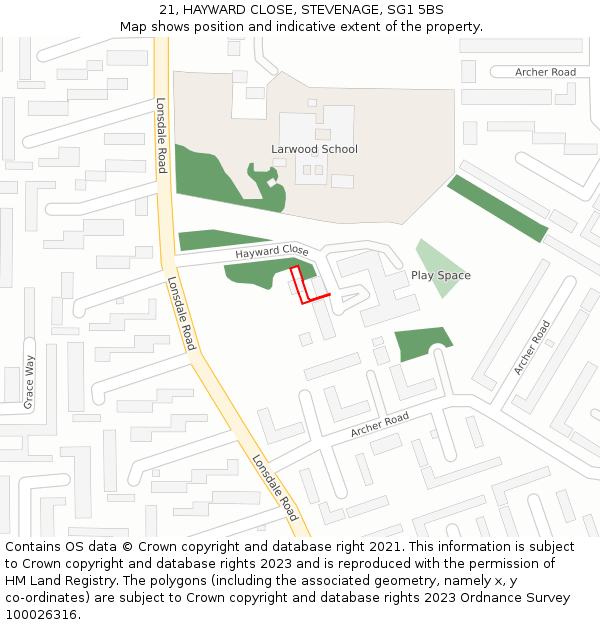 21, HAYWARD CLOSE, STEVENAGE, SG1 5BS: Location map and indicative extent of plot