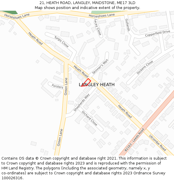 21, HEATH ROAD, LANGLEY, MAIDSTONE, ME17 3LD: Location map and indicative extent of plot