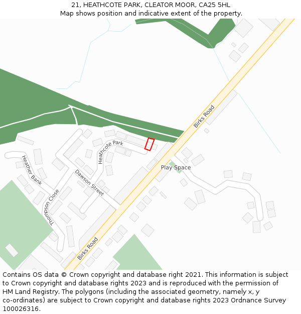 21, HEATHCOTE PARK, CLEATOR MOOR, CA25 5HL: Location map and indicative extent of plot