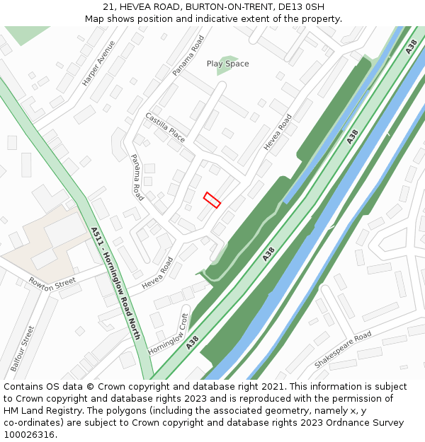 21, HEVEA ROAD, BURTON-ON-TRENT, DE13 0SH: Location map and indicative extent of plot