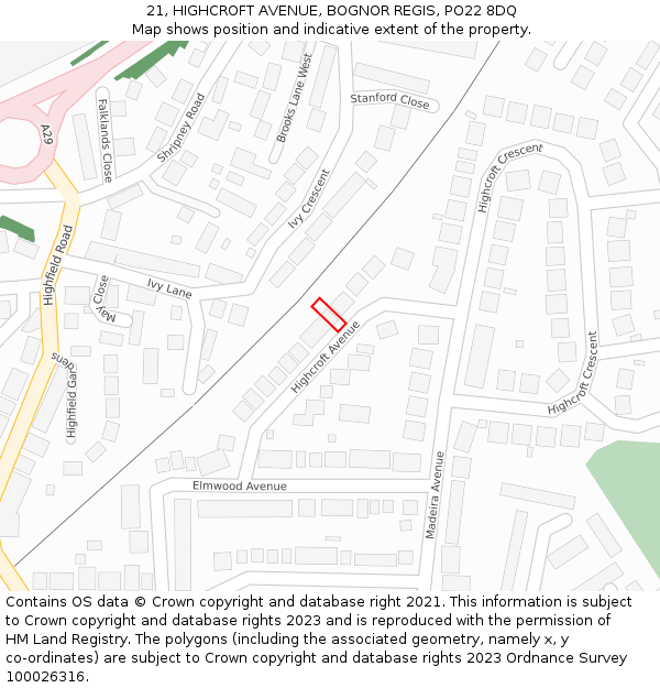 21, HIGHCROFT AVENUE, BOGNOR REGIS, PO22 8DQ: Location map and indicative extent of plot