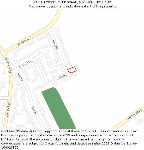 21, HILLCREST, CHEDGRAVE, NORWICH, NR14 6HX: Location map and indicative extent of plot