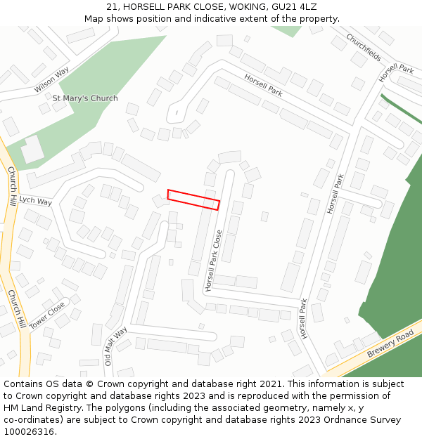 21, HORSELL PARK CLOSE, WOKING, GU21 4LZ: Location map and indicative extent of plot