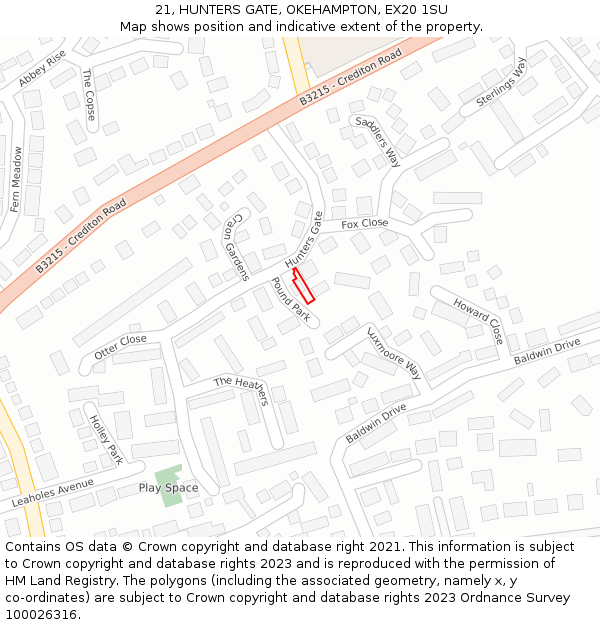 21, HUNTERS GATE, OKEHAMPTON, EX20 1SU: Location map and indicative extent of plot
