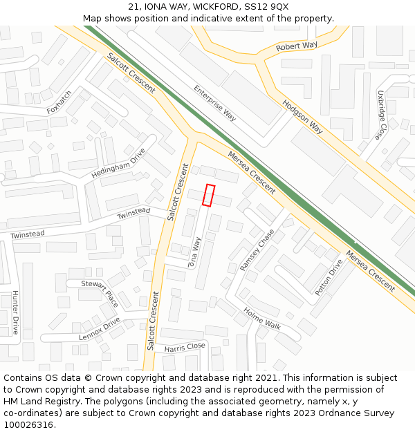 21, IONA WAY, WICKFORD, SS12 9QX: Location map and indicative extent of plot