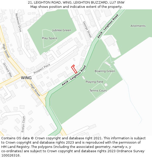 21, LEIGHTON ROAD, WING, LEIGHTON BUZZARD, LU7 0NW: Location map and indicative extent of plot