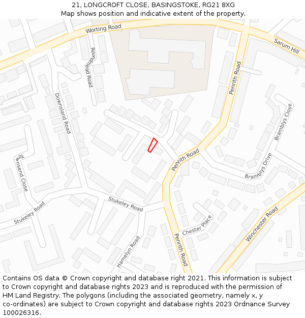 21, LONGCROFT CLOSE, BASINGSTOKE, RG21 8XG: Location map and indicative extent of plot