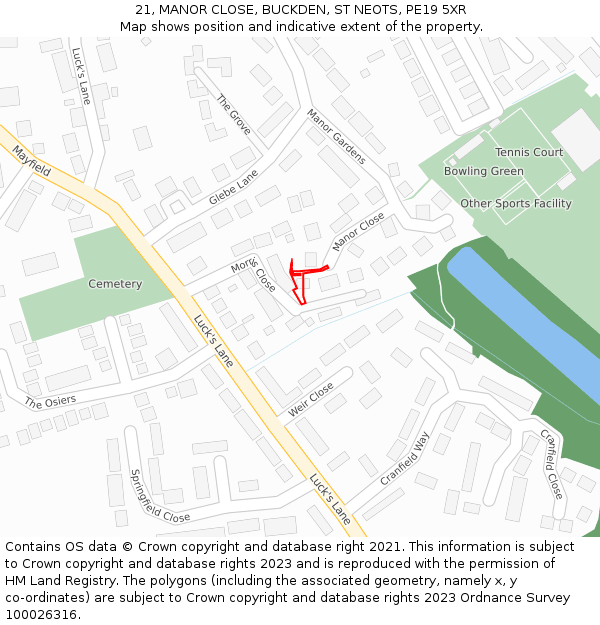 21, MANOR CLOSE, BUCKDEN, ST NEOTS, PE19 5XR: Location map and indicative extent of plot