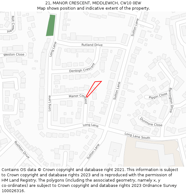 21, MANOR CRESCENT, MIDDLEWICH, CW10 0EW: Location map and indicative extent of plot