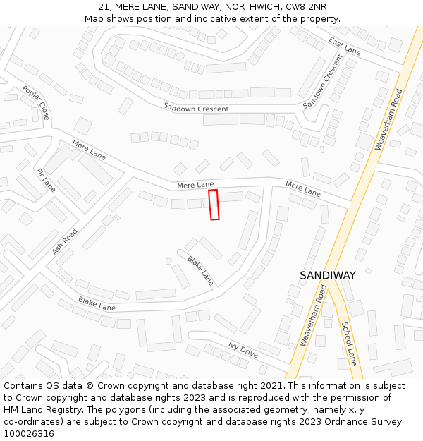 21, MERE LANE, SANDIWAY, NORTHWICH, CW8 2NR: Location map and indicative extent of plot