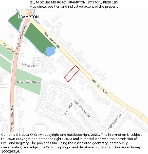 21, MIDDLEGATE ROAD, FRAMPTON, BOSTON, PE20 1BX: Location map and indicative extent of plot