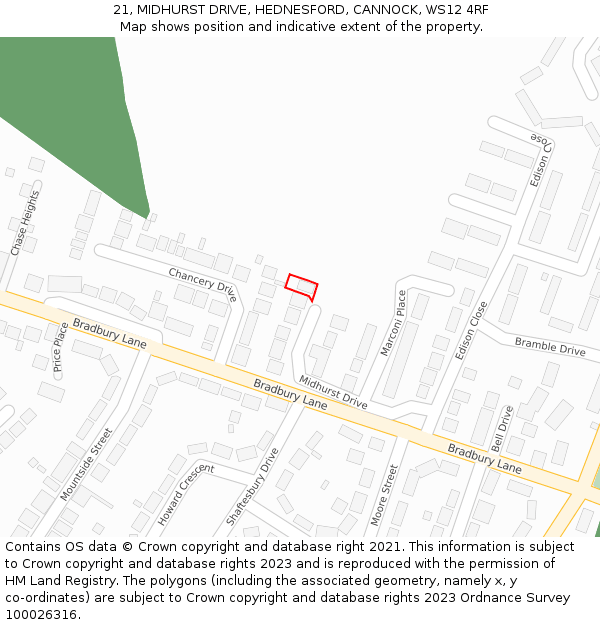 21, MIDHURST DRIVE, HEDNESFORD, CANNOCK, WS12 4RF: Location map and indicative extent of plot