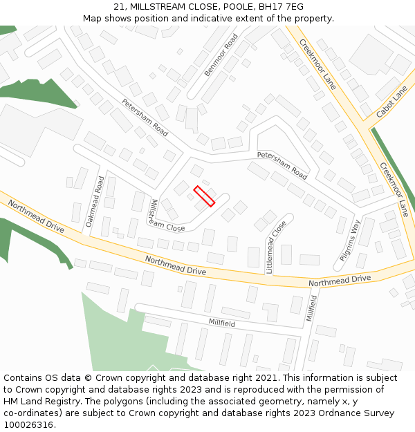 21, MILLSTREAM CLOSE, POOLE, BH17 7EG: Location map and indicative extent of plot