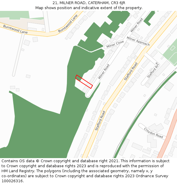 21, MILNER ROAD, CATERHAM, CR3 6JR: Location map and indicative extent of plot