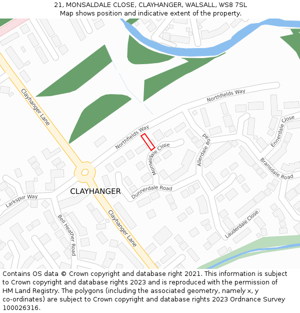 21, MONSALDALE CLOSE, CLAYHANGER, WALSALL, WS8 7SL: Location map and indicative extent of plot