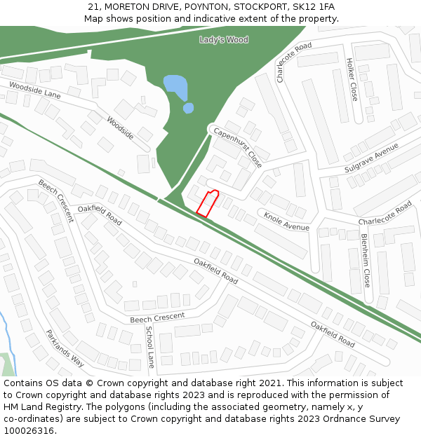 21, MORETON DRIVE, POYNTON, STOCKPORT, SK12 1FA: Location map and indicative extent of plot