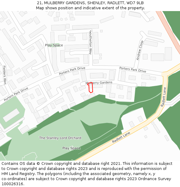 21, MULBERRY GARDENS, SHENLEY, RADLETT, WD7 9LB: Location map and indicative extent of plot