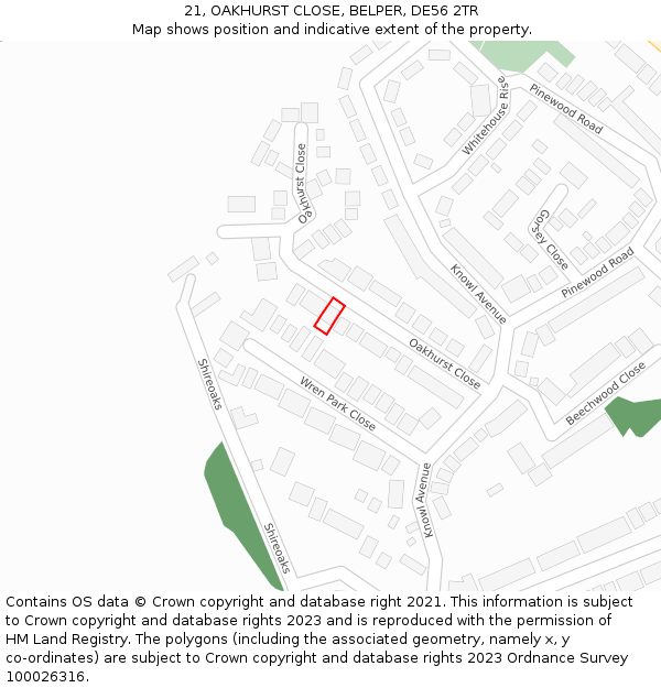 21, OAKHURST CLOSE, BELPER, DE56 2TR: Location map and indicative extent of plot