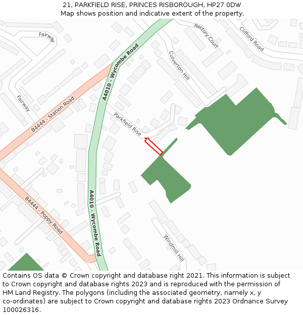 21, PARKFIELD RISE, PRINCES RISBOROUGH, HP27 0DW: Location map and indicative extent of plot