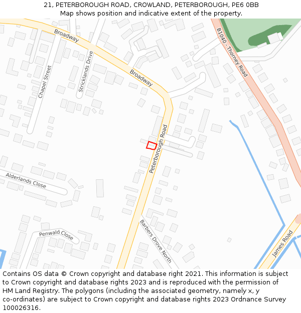 21, PETERBOROUGH ROAD, CROWLAND, PETERBOROUGH, PE6 0BB: Location map and indicative extent of plot