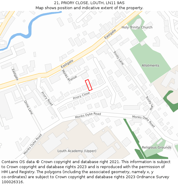 21, PRIORY CLOSE, LOUTH, LN11 9AS: Location map and indicative extent of plot