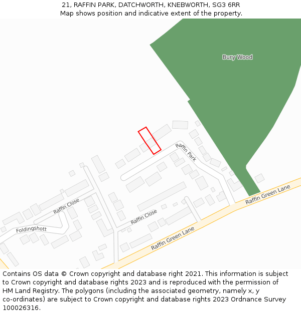 21, RAFFIN PARK, DATCHWORTH, KNEBWORTH, SG3 6RR: Location map and indicative extent of plot