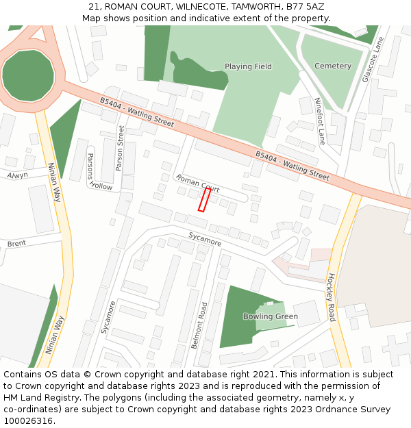 21, ROMAN COURT, WILNECOTE, TAMWORTH, B77 5AZ: Location map and indicative extent of plot