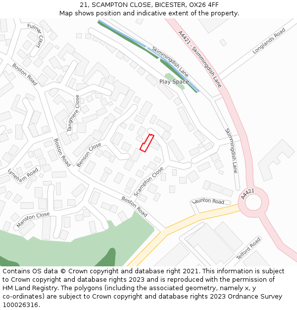 21, SCAMPTON CLOSE, BICESTER, OX26 4FF: Location map and indicative extent of plot