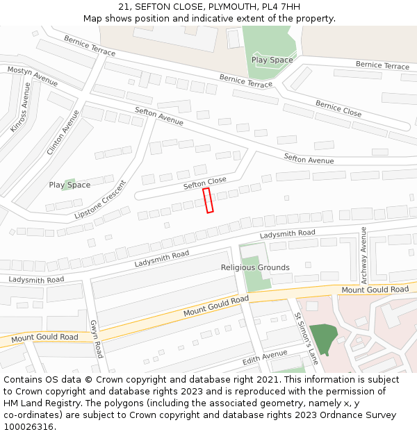 21, SEFTON CLOSE, PLYMOUTH, PL4 7HH: Location map and indicative extent of plot
