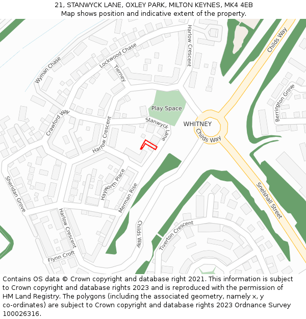 21, STANWYCK LANE, OXLEY PARK, MILTON KEYNES, MK4 4EB: Location map and indicative extent of plot