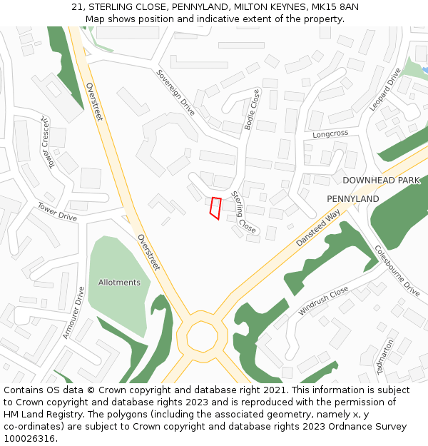 21, STERLING CLOSE, PENNYLAND, MILTON KEYNES, MK15 8AN: Location map and indicative extent of plot