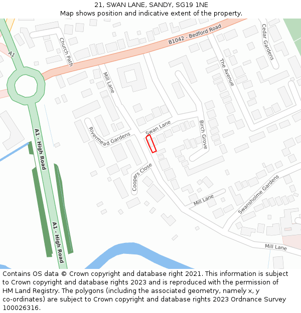 21, SWAN LANE, SANDY, SG19 1NE: Location map and indicative extent of plot