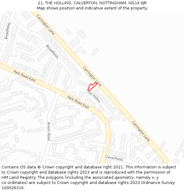 21, THE HOLLINS, CALVERTON, NOTTINGHAM, NG14 6JR: Location map and indicative extent of plot