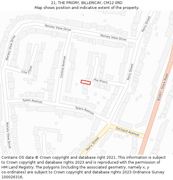 21, THE PRIORY, BILLERICAY, CM12 0RD: Location map and indicative extent of plot