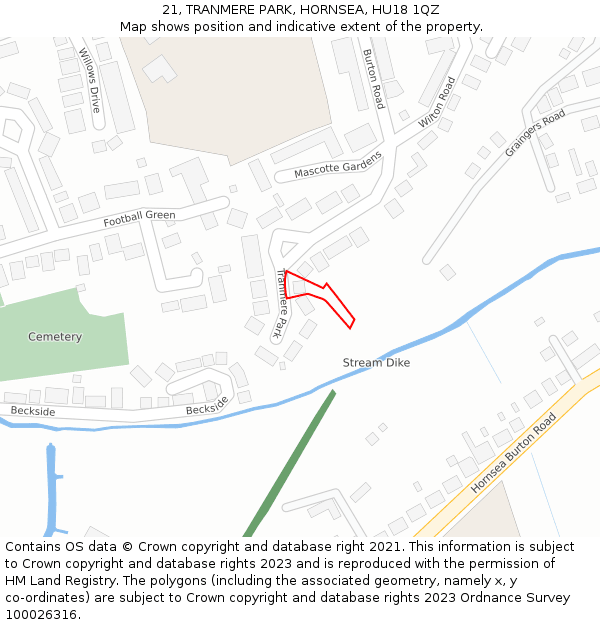 21, TRANMERE PARK, HORNSEA, HU18 1QZ: Location map and indicative extent of plot