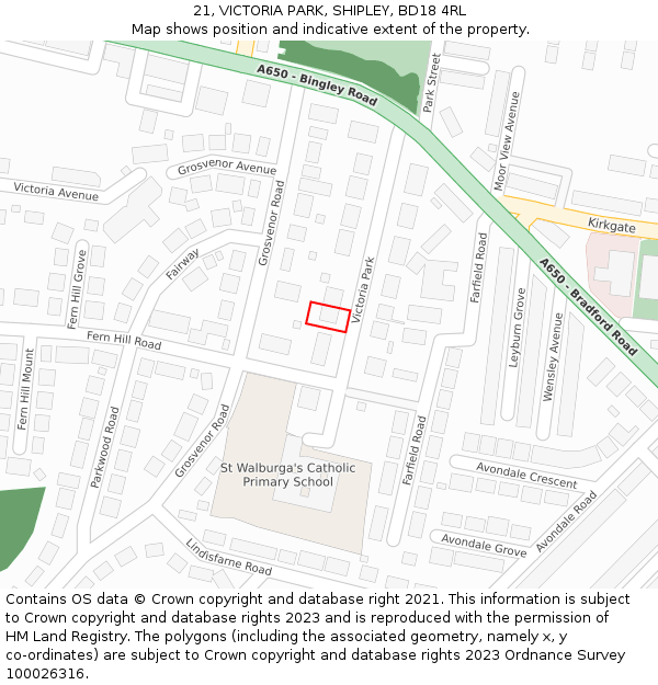 21, VICTORIA PARK, SHIPLEY, BD18 4RL: Location map and indicative extent of plot