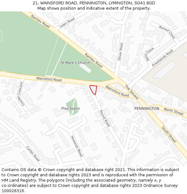 21, WAINSFORD ROAD, PENNINGTON, LYMINGTON, SO41 8GD: Location map and indicative extent of plot