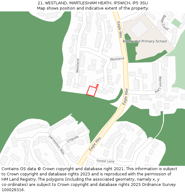 21, WESTLAND, MARTLESHAM HEATH, IPSWICH, IP5 3SU: Location map and indicative extent of plot