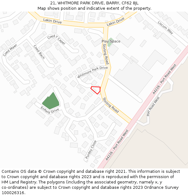 21, WHITMORE PARK DRIVE, BARRY, CF62 8JL: Location map and indicative extent of plot