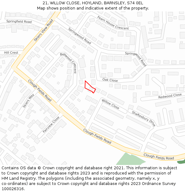 21, WILLOW CLOSE, HOYLAND, BARNSLEY, S74 0EL: Location map and indicative extent of plot