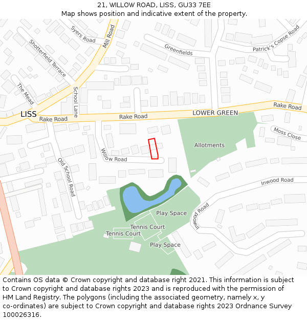 21, WILLOW ROAD, LISS, GU33 7EE: Location map and indicative extent of plot